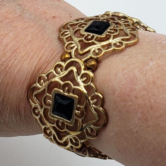 Vintage Costume Tigers Eye Tear Drop Necklace Earring Set & Black Gold Bracelet - Picture 6 of 13